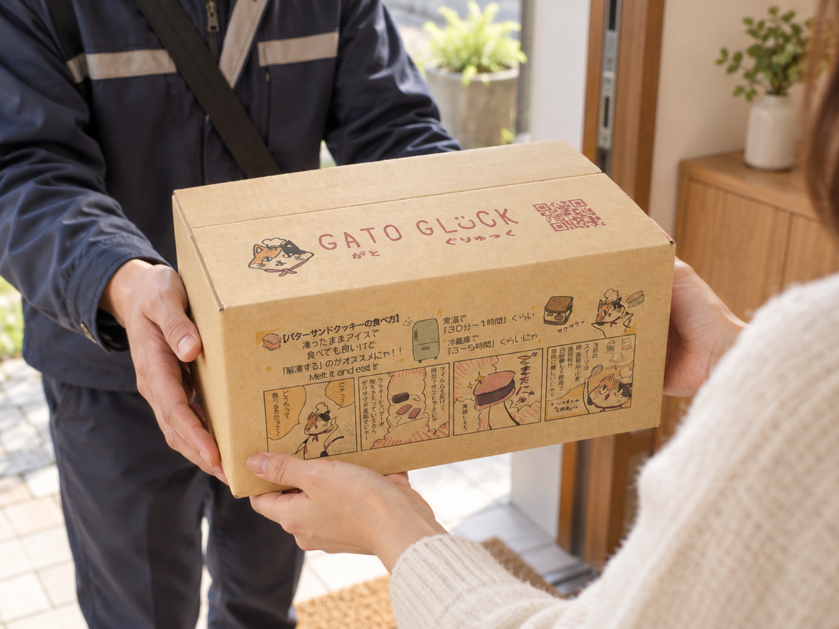 GATOGLÜCKのオリジナルダンボールを玄関で受け取る様子